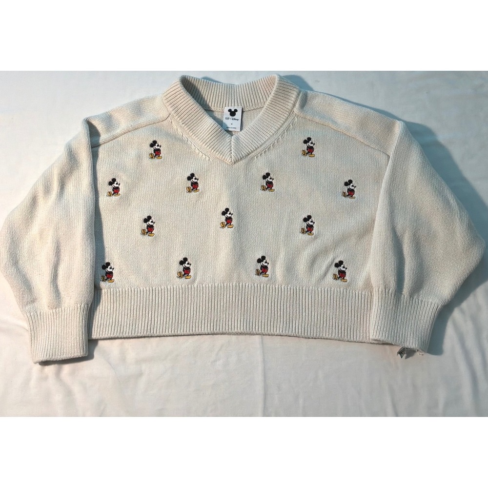 Gap Kids Disney Mickey Mouse Embroidered V-Neck Sweater Cream White Size M 8-9